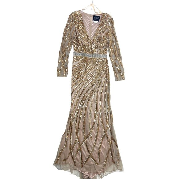 Mac Duggal Gold Copper Evening Gown V-Neck Sequins Long Sleeve Wedding Formal - Picture 3 of 15
